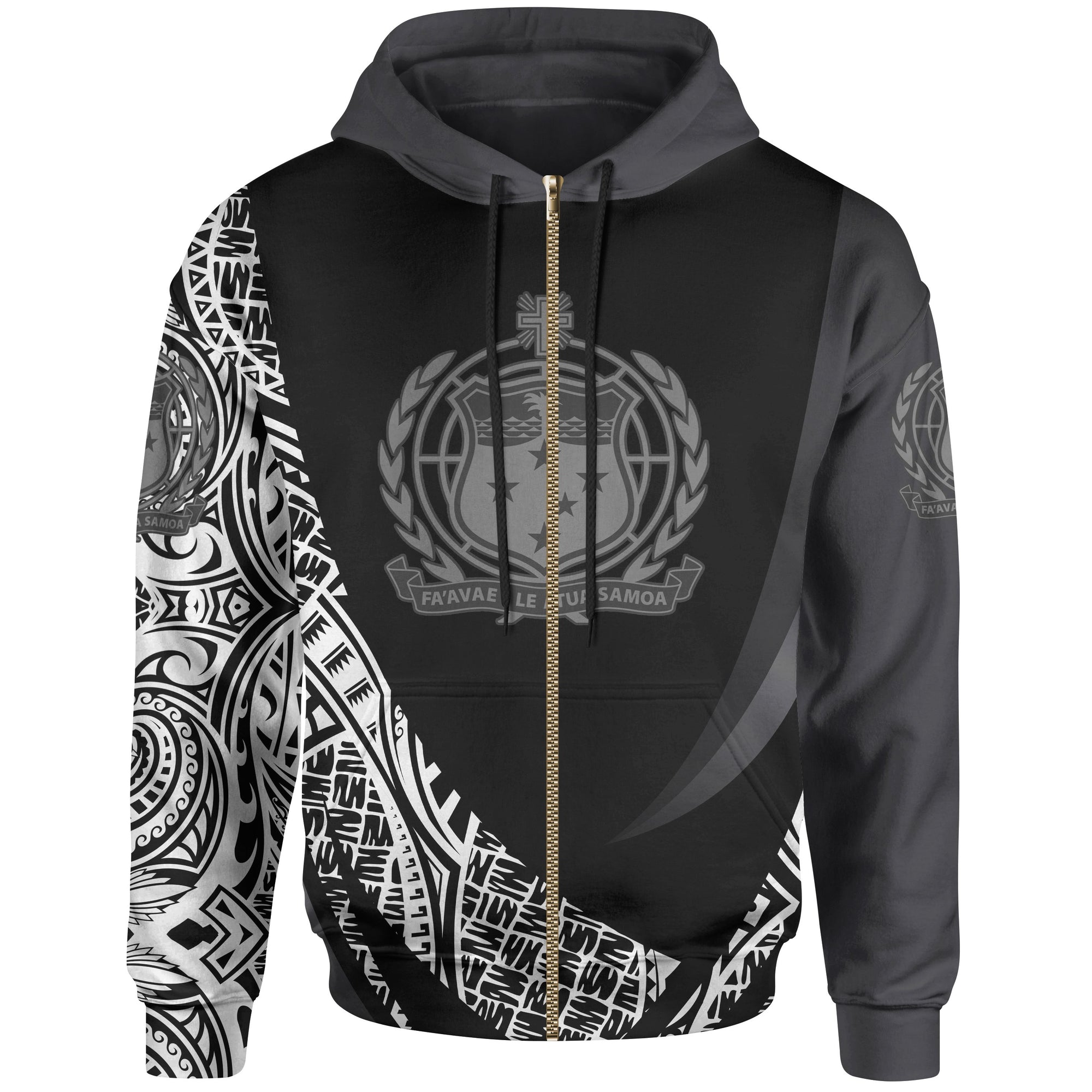 Samoa Zip Hoodie White Polynesian Patterns Sport Style Unisex Black - Polynesian Pride